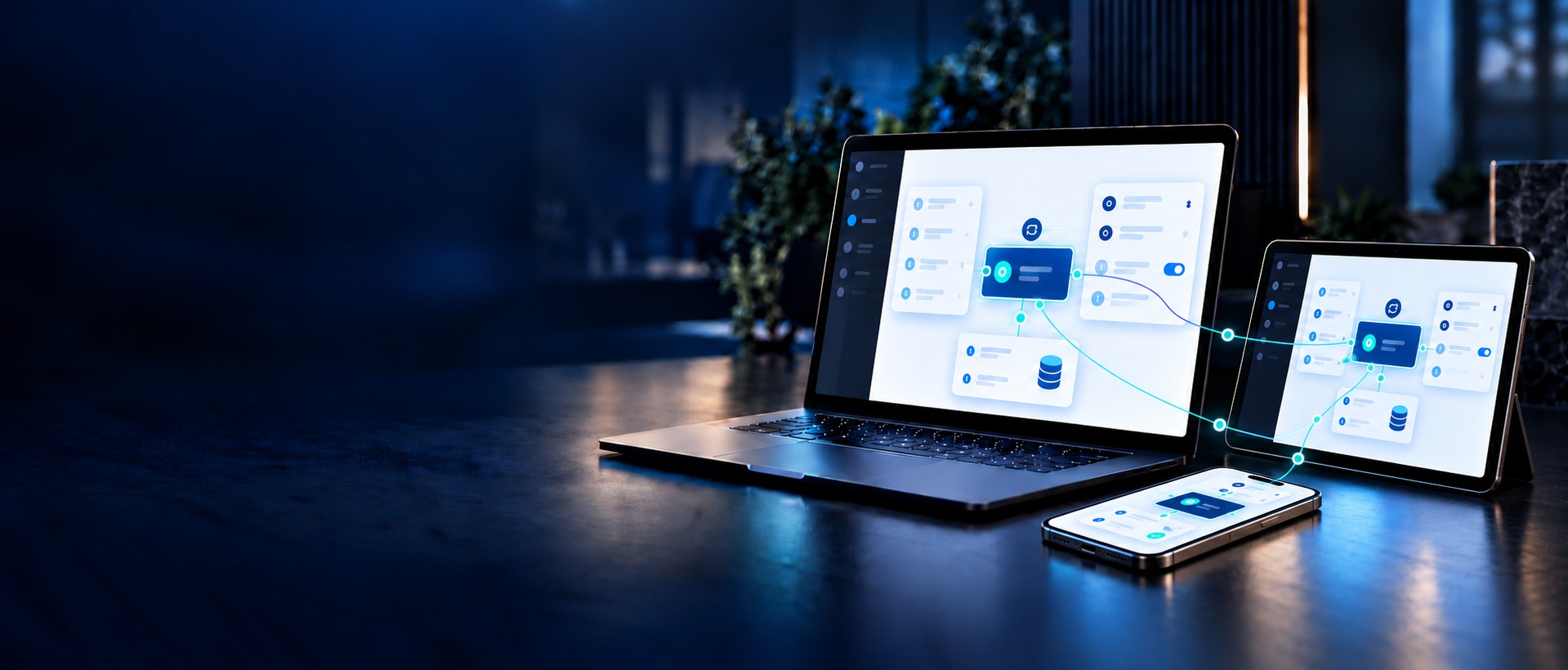 The same app shown on a laptop, tablet and phone