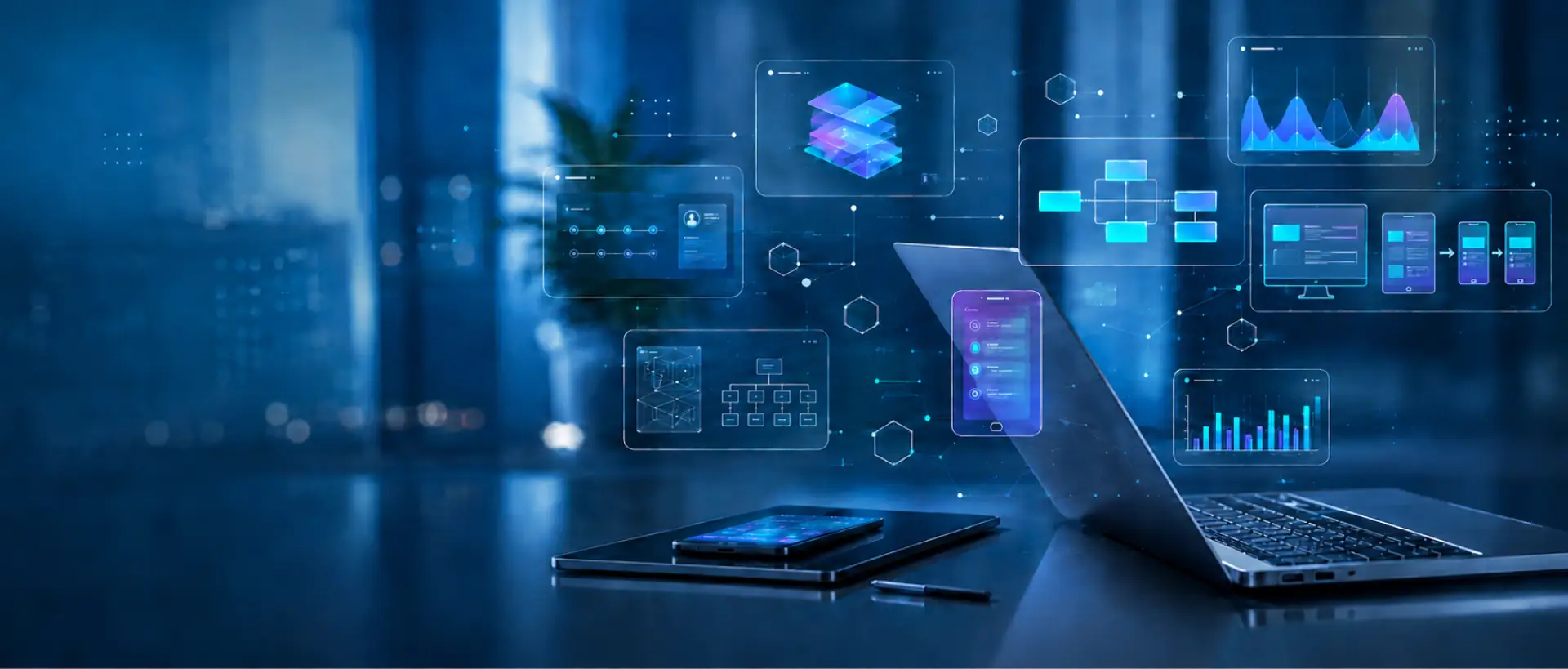 Laptop and screens showing analytics dashboards in a blue-lit office
