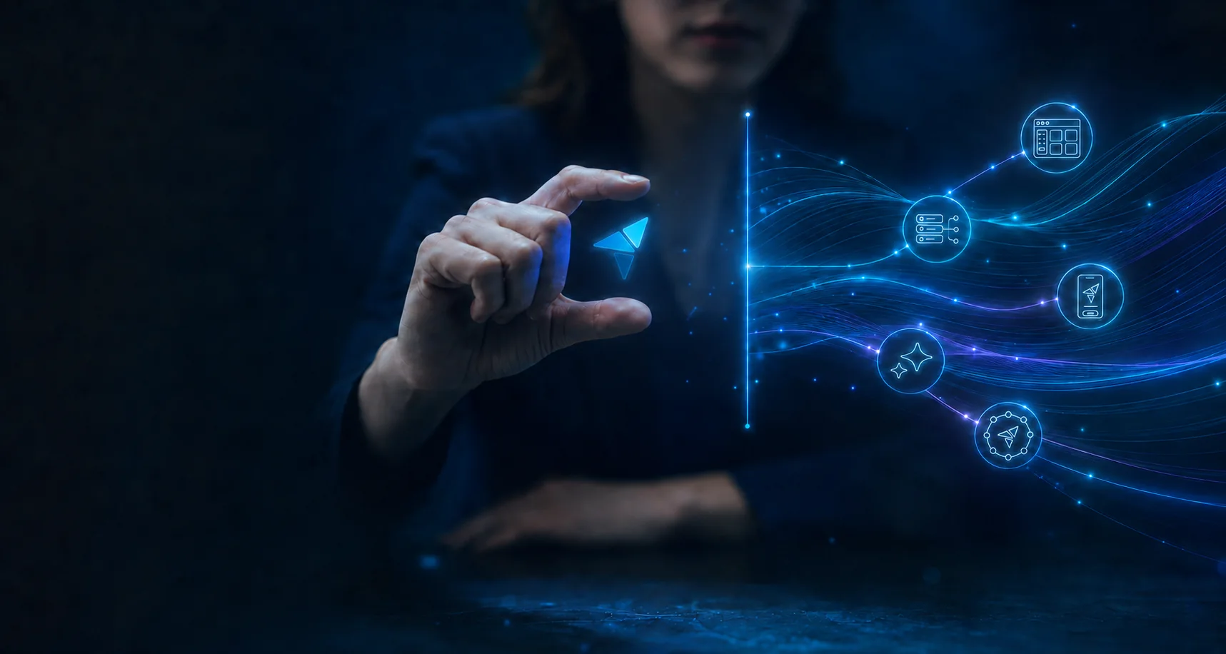 Hand reaching toward a glowing network of connected icons